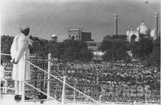 Photo of Indian Prime Minister addressing a crowd on the country's Independence Day, August 15, 1947, an event accelerated by the role of Cold War espionage in the former colony