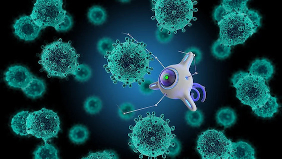 Artist's rendering of a nanobot attacking a diseased cell, an example of potentially dangerous robots in our future