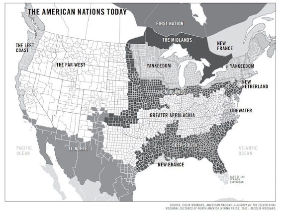 Map of Colin Woodard's "11 American nations"