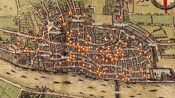 Map of 14th century London, showing the location of murder "hotspots," a reality underlying the story in this novel about a plot to assassinate the king