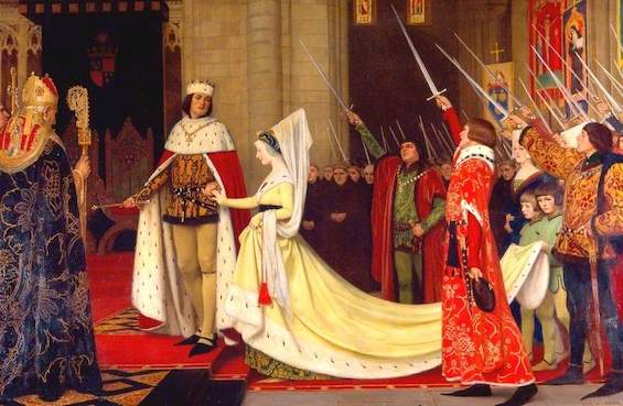 Painting of King Edward IV and Queen Elizabeth in 1464, the leading figures in this story of English history as tragedy