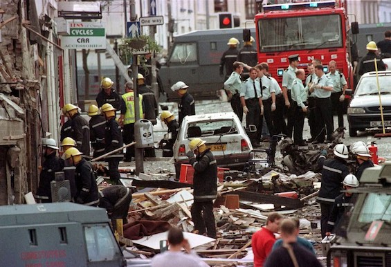 Photo of the aftermath of a bombing in the civil war in Northern Ireland.