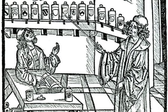 Image of a late medieval English apothecary, the locus of action in this sci-fi historical fiction mashup