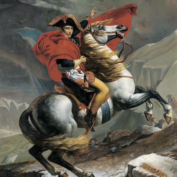 An iconic portrait of Napoleon Bonaparte riding his war horse