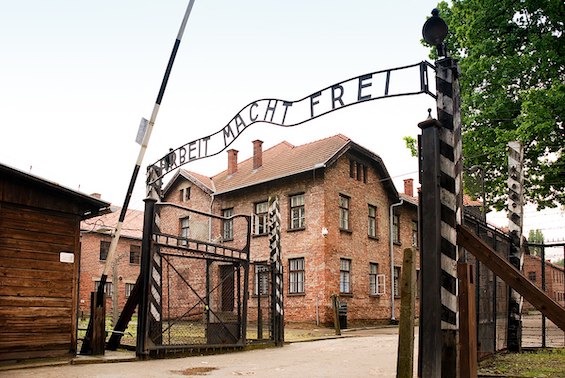 Photo of the main gate, site of the uprising at Auschwitz