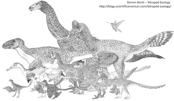 Artist's image of maniraptors like the dinosaur who survived the extinction in this novel
