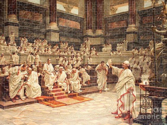 Painting of Cicero in the Senate, a fateful event in this novel of politics in Ancient Rome