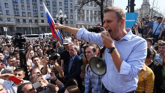 Photo of Russian opposition leader speaking at an anti-government demonstration