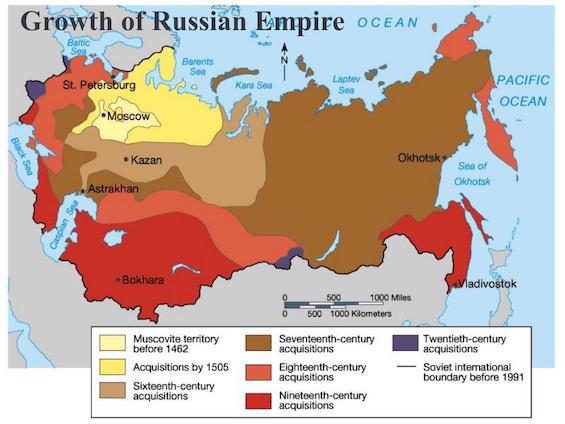 Map showing the growth of the Russian Empire through the ages, as portrayed in this novel of Russian history in fiction