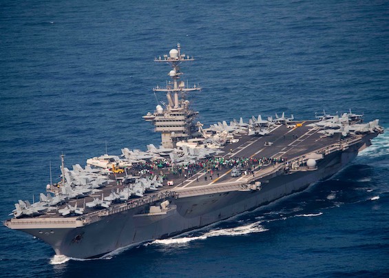 Photo of an American aircraft carrier that plays a role in this science fiction adventure story