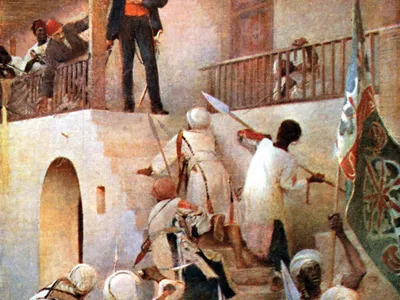Painting of the Siege of Khartoum, a climactic scene in this novel about an anti-colonial revolt