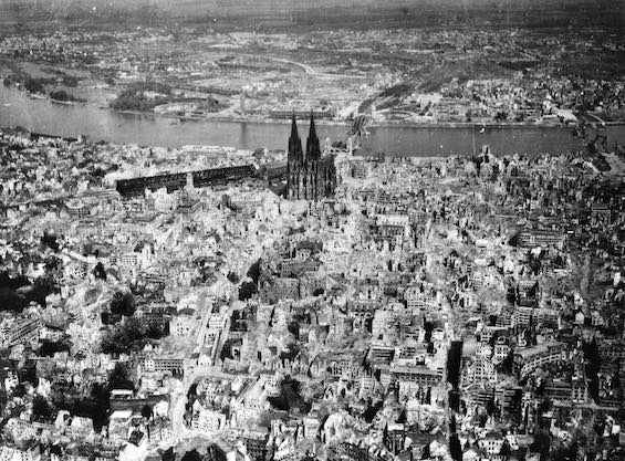 Aerial photo of Cologne after three years of the area bombing of the sort described in this novel about a single RAF Bomber Command mission