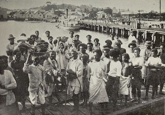 Indian indentured servants and native Fijians at the wharf in Suva, Fiji, a century ago, when this South Pacific mystery is set 