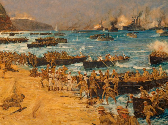 Painting of the Allied landing at Gallipoli in 1915, a central event in this World War I mystery