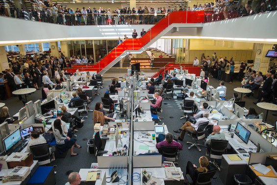 Photo of the newsroom, a prominent setting in this look inside the New York Times