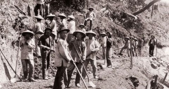 Photo of Chinese laborers working on the transcontinental railroad, one of the settings in this story about Chinese immigrants