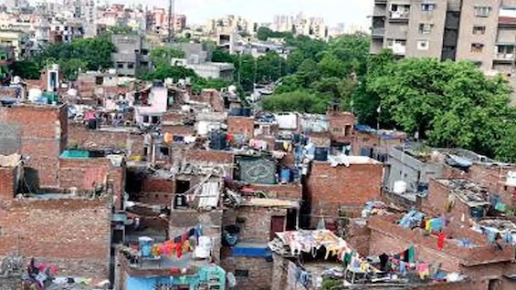 Photo of a slum colony in Delhi like one involved in this novel about crime and corruption in India 