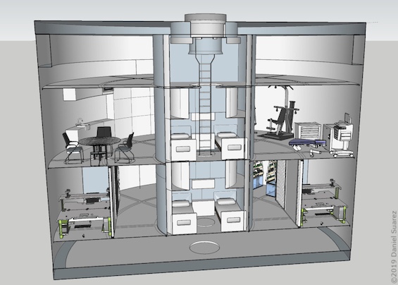 Cutaway view of the crew quarters in the space station Konstantin, a glimpse of what humanity's future in space might look like