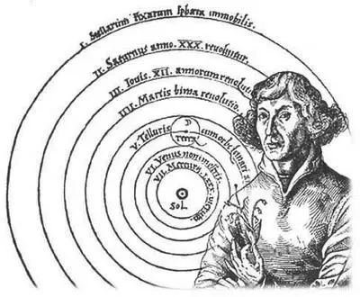 Drawing of Copernicus and his heliocentric theory, featured in this fictionalized Copernicus biography