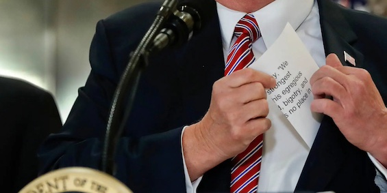 Photo of Donald Trump slipping a page of a speech into his pocket. He will later remove it and tear it into shreds, as revealed in this satirical take on the former President
