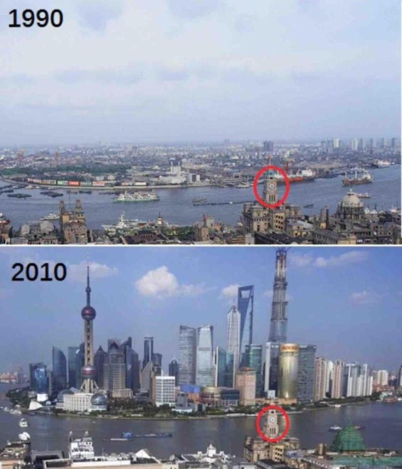 Two photos showing the contrast between Shanghai in 1990 and in 2010, a dramatic rendering of China in transition