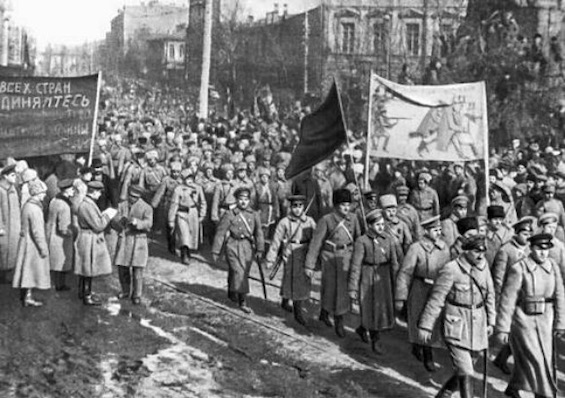 Photo of Red Army soldiers marching through the streets of Kyiv in 1919, the setting for this first in a new series of Ukraine mysteries
