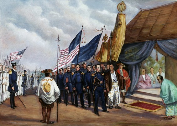 Painting of Commodore Perry meeting with Japanese commissioners at Yokohama, the result of Millard Fillmore's order, one of the decisions that changed history