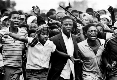 Photo of anti-apartheid protesters, a scene in the background of this South African saga