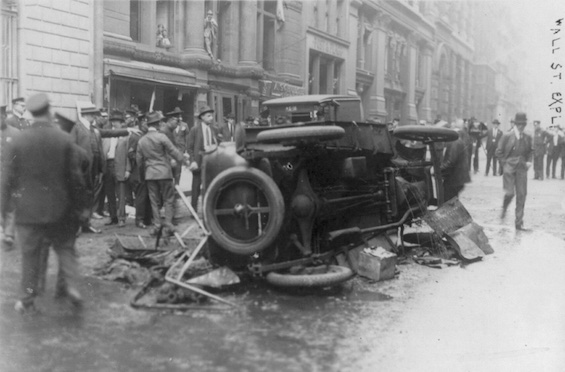 Photo of damage on Wall Street, one of the notorious anarchist bombings terrorizing the country a century ago