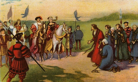 Painting of King Henry VIII and his fifth wife meeting subjects, a scene repeated in this fourth Matthew Shardlake mystery