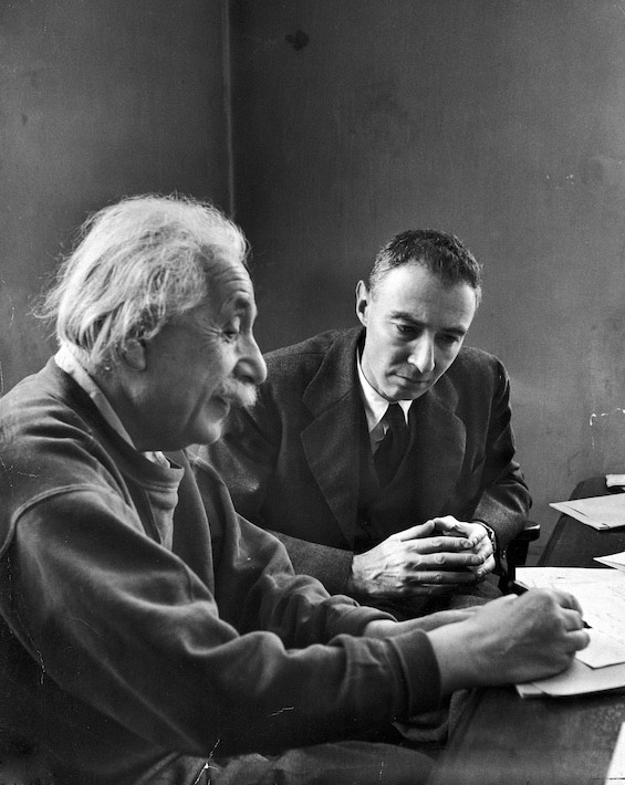 In this photo, Albert Einstein meets with the purported subject of this novel, J. Robert Oppenheimer.