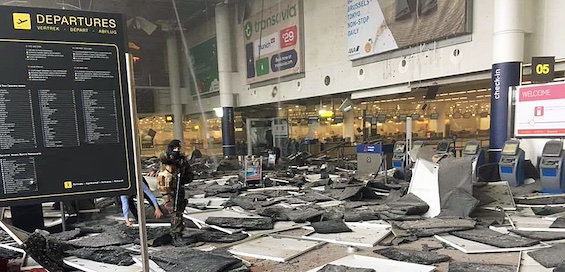 Photo of the aftermath of a suicide bombing at the Brussels Airport, a little like the action in this suicide bombing satire