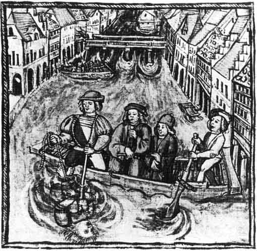 Woodcut of trial by the water ordeal as described in this historical legal thriller