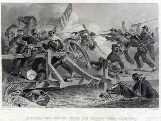 Engraving of the Union retreat at the First Battle of Bull Run, which led the US Government to adopt policies that led American industry to win the Civil War