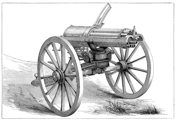 Drawing of a Gatling Gun, an innovation typical of how American industry won the Civil War