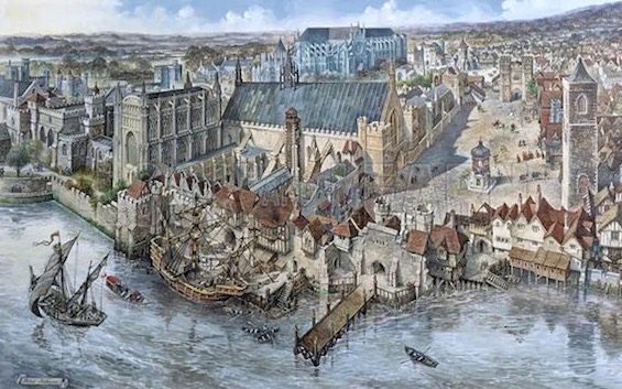 Painting of London waterfront in the 12th century, a key period in this account of how AI views a novel