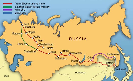 Route map for the Trans-Siberian Railway, the longest railroad in the world.