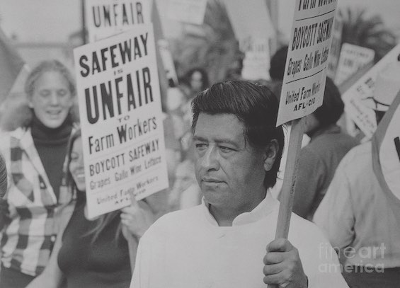 Photo of Cesar Chavez leading an action typical in farmworkers' strikes