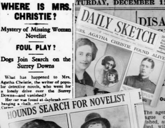 Collage of press coverage from December 1926 about Agatha Christie's disappearance