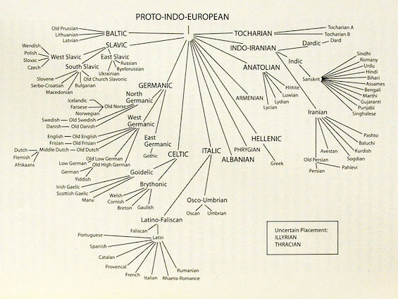 Chart of the spread of Proto-Indo-European tracing the course of language dynamics