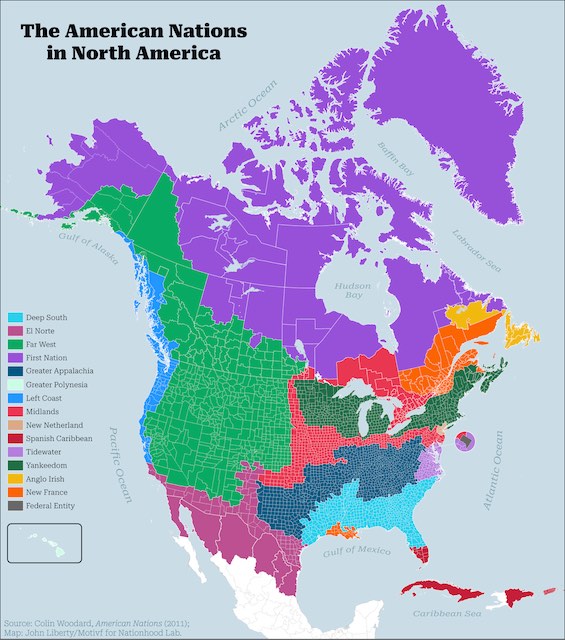 Map of Woodard's regions across North America, the source of clashing regional values in America today