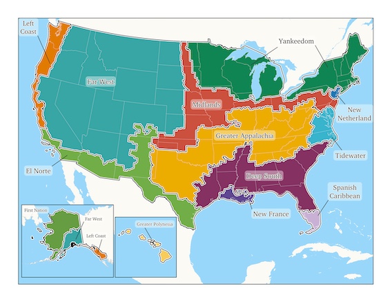 Map of the regions as defined by the author which feature diverse regional values in America 