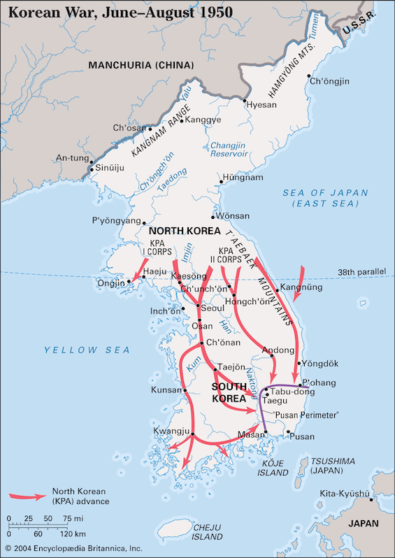 Map of North Korean advances early in the Korean War, tracing the course of this story of The Korean War