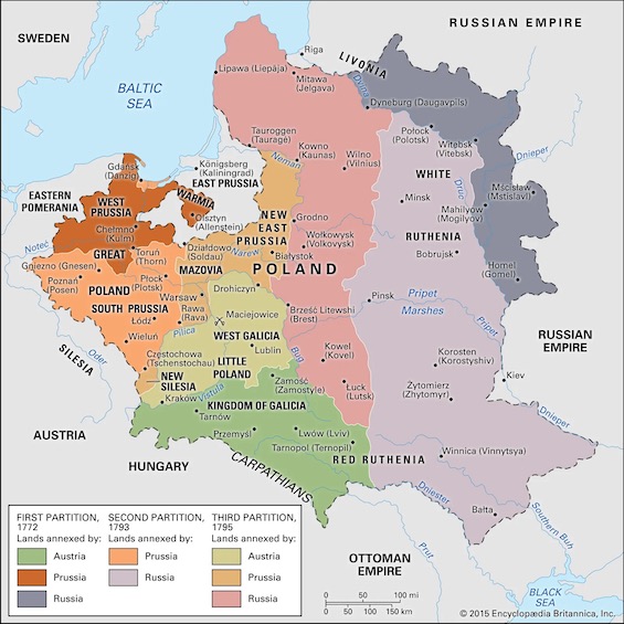 Map of the three Partitions of Poland, which eliminated independent Poland