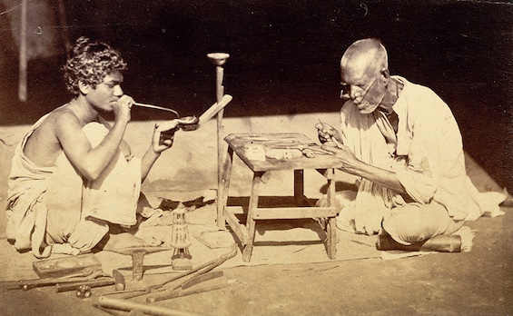 Goldsmith and silversmith at work in India in 1880s, like those who surface in this Victorian mystery