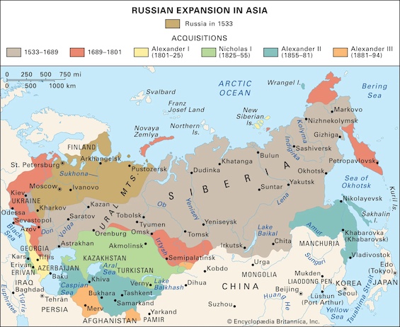 Map of Russian expansion in Asia, a major theme in this history of the Romanovs