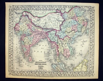 1870 map of south and east Asia, the land described in this novel about explorers in Tibet