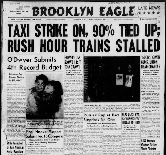 Front-page story of NYC tax strike staged in 1949 by the taxi-drivers' union