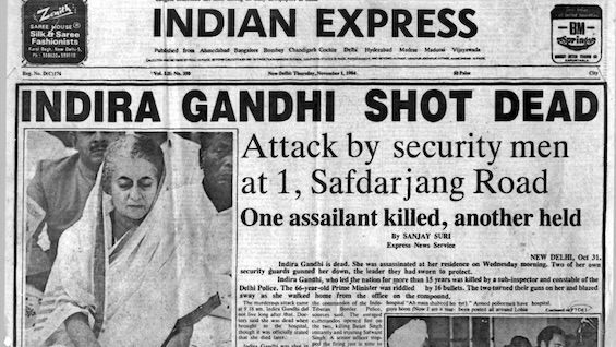 Photo of a newspaper headline story about Indira Gandhi's assassination, a seminal event in the rise of Hindu nationalism in India