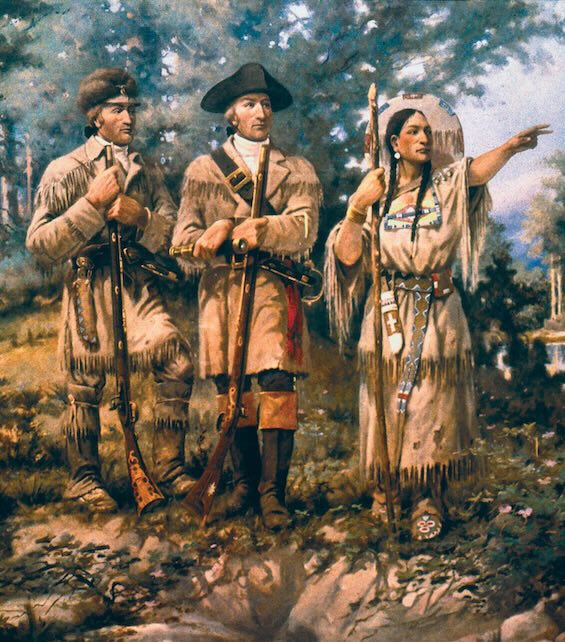 Portrait of Lewis, Clark, and Sacagawea, imagining them as they traveled west in this history of Lewis and Clark